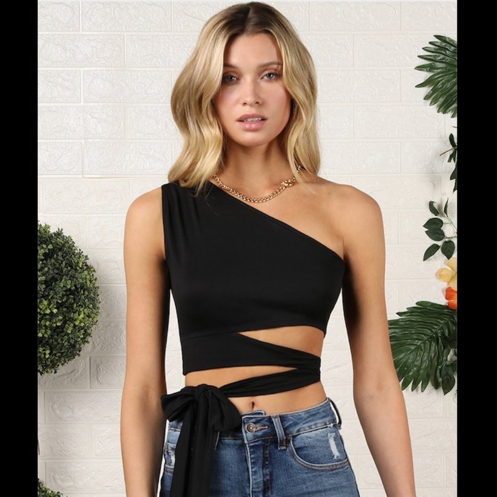 NEW Black One Shoulder Top With Wrap Around Tie Detail